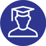 a blue circle with a white icon of a person in a graduation cap